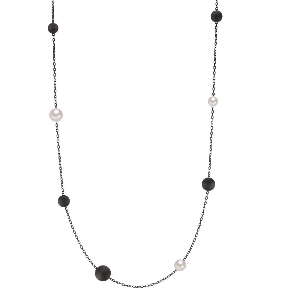 Collier mit Carbonkugeln und Muschelperlen auf geschwärzter Edelstahlkette