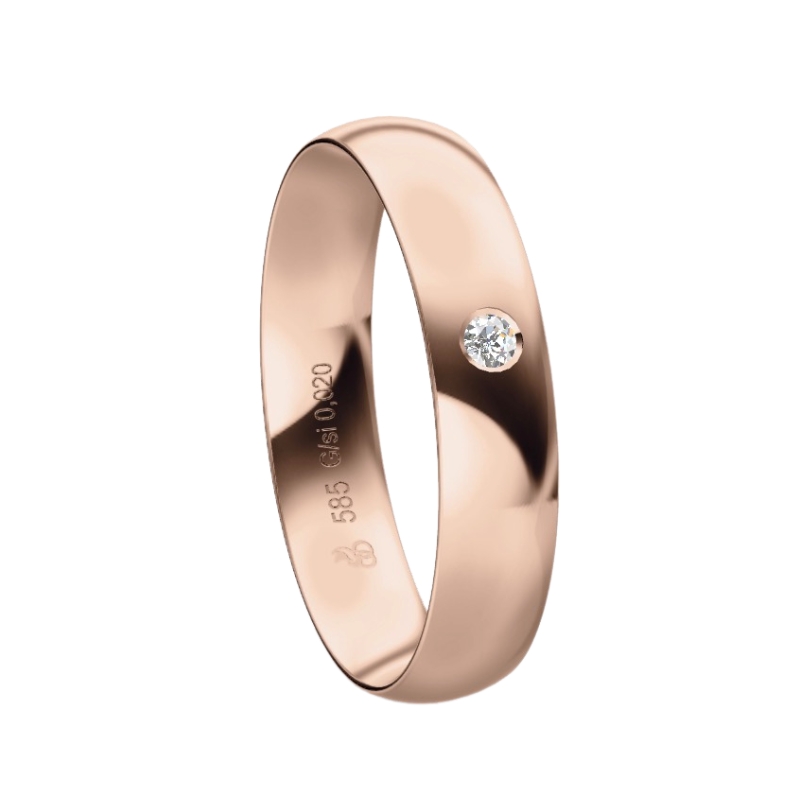 Roségold Trauring mit abgerundetem poliertem Profil in 4 mm und Diamanten