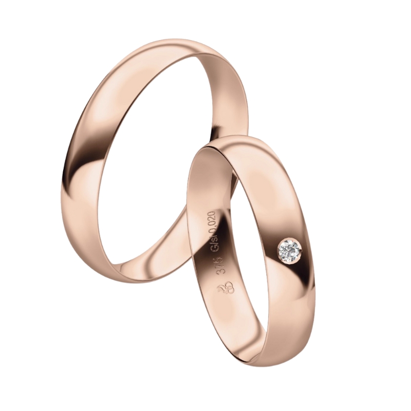 Roségold Trauringe mit abgerundetem poliertem Profil in 4 mm und Diamanten