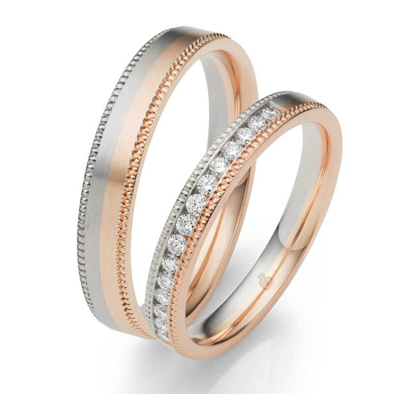 bicolore Weiß&Roségold Eheringe mit Diamanten-Band