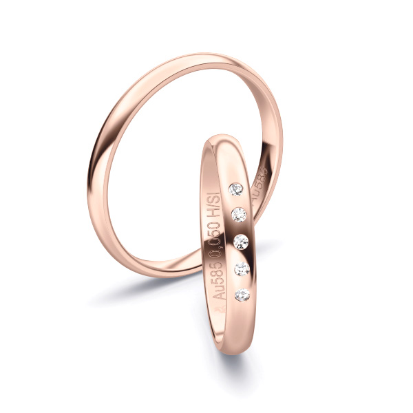 Rosegold Eheringen mit vielen Diamanten in 2,5 mm Breite, poliert