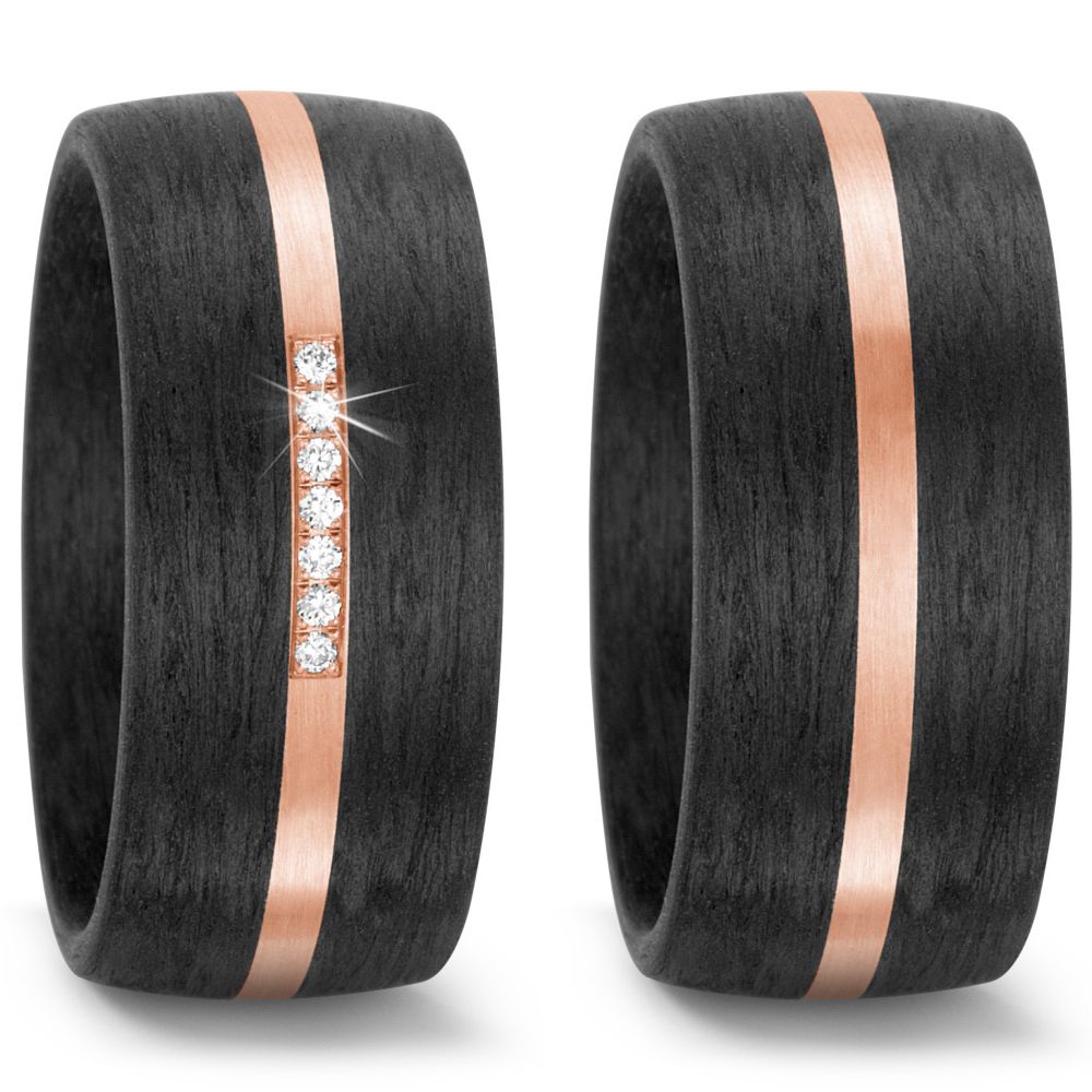 Breite Carbon und Rosegold Partnerringe Eheringe mit drei  Diamant TitanFactory 59316/003/005/N556 